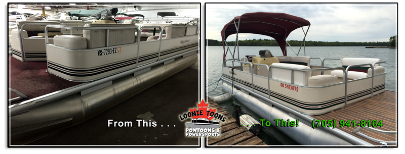 Loonie Toons Pontoons and Power Sports Pontoon Boat Before and After Restoration